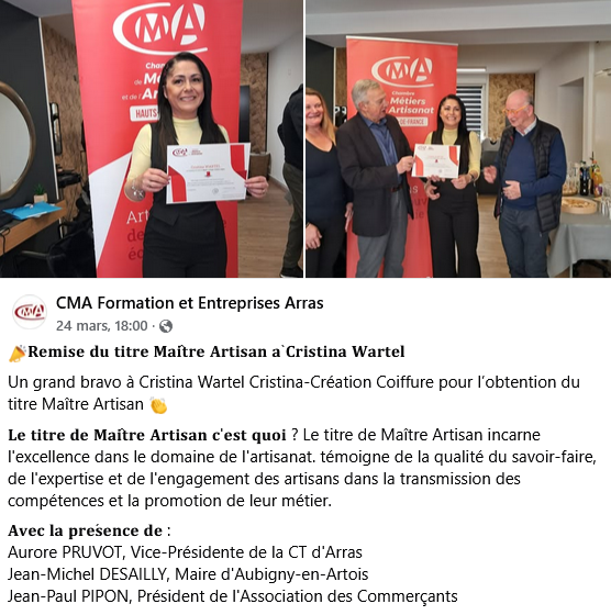 Remise officielle du titre de maitre artisan coiffeur a madame cristina wartel salon de coiffure cristina creation coiffeur visagiste barbier a aubigny en artois